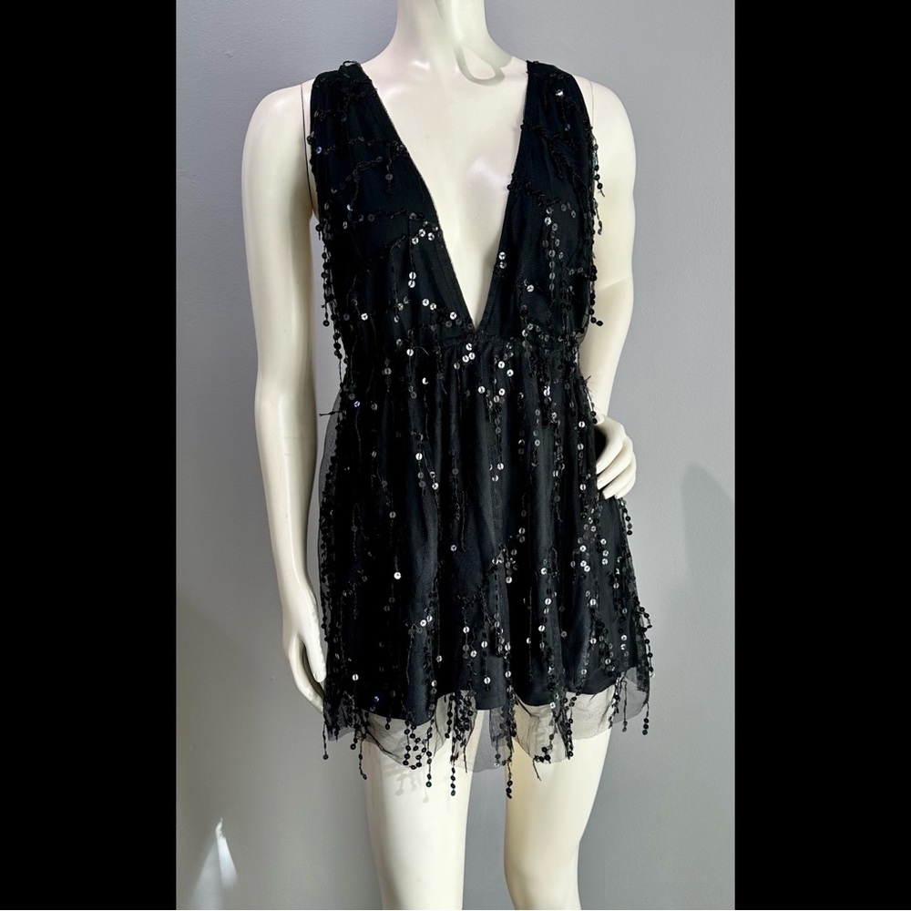 Black Sequin Deep V Dress